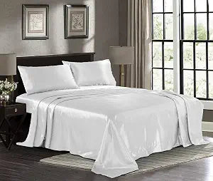 Satin Sheets Queen [4-Piece, White] Hotel Luxury Silky Bed Sheets - Extra Soft 1800 Microfiber Sheet Set, Wrinkle, Fade, Stain Resistant - Deep Pocket Fitted Sheet, Flat Sheet, Pillow Cases