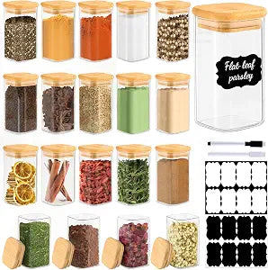 TBWIND 20 Pack 8 oz Square Glass Spice Jars with Lids and Labels  Airtight Small Spice Containers Set, Clear Glass Storage Jars for Seasoning, Spices, Kitchen Pantry Organization