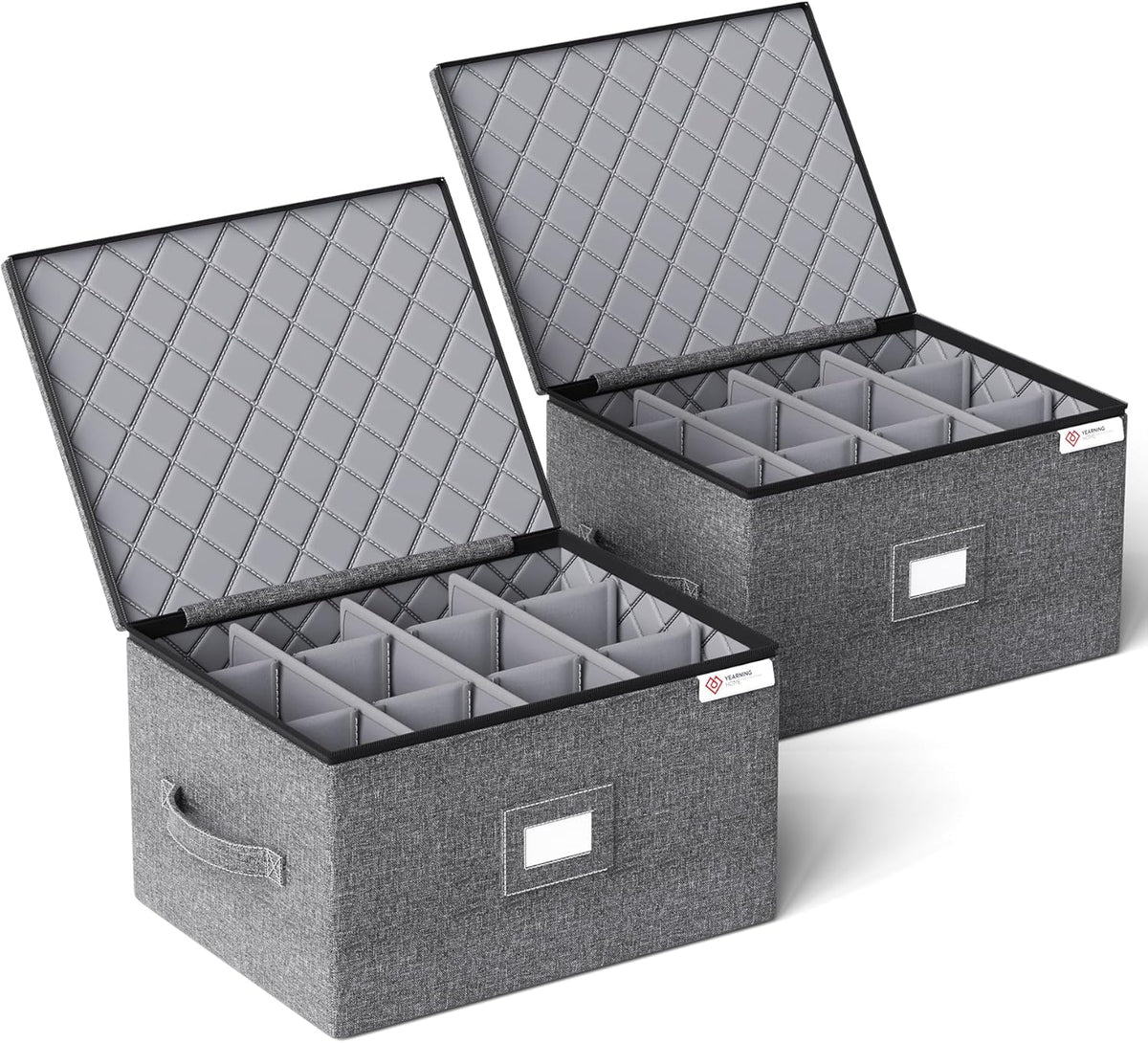 YearningHome 2 Pack Wine Glass Storage Box with Dividers,Stemware Storage Cases with Sturdy Handle and Hard Shell for Glassware Crystal Storage,Transport and Moving,Holds 24,Grey