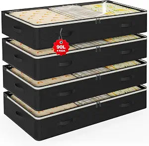 90L Under Bed Storage Containers,4-Pack Closet Organizer Storage Bins,Black
