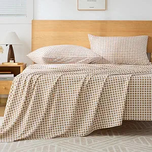 Tan Gingham Queen Sheet Set, 4-Piece Soft Brushed Microfiber Bed Sheets - 16" Deep Pocket Fitted Sheet, Wrinkle & Fade Resistant, Hotel Luxury Bedding