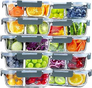 VERONES 10 PACK 30 OZ Glass Meal Prep Containers 2 Compartment Set, Grey
