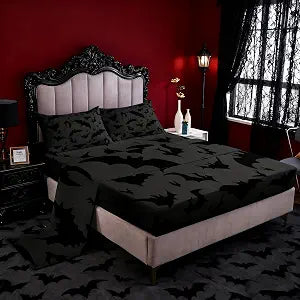 Homewish Bats Pattern Bed Sheet Set Kids Night Sheets Set 4pc Bats Microfiber Soft Bedding Set,1 Flat Sheet,1 Deep Pocket Fitted Sheet,2 Pillow Cases���King Size���