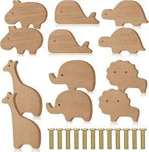 Qunclay 12set Wooden Animal Dresser Knob Decorative Nursery Drawer Pull Zoo