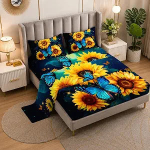 Yellow Sunflower Printed Sheet Set Queen 4Pcs for Kid Boy Girl Teen Adult