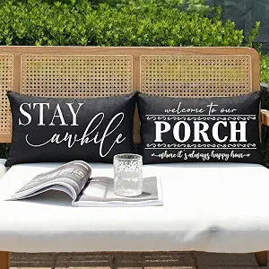Porch Decor Black Outdoor Lumbar Pillow Covers Waterproof 12x20, Set of 2