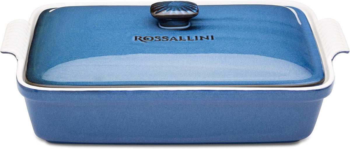 Rossallini Stoneware Casserole Dish with Lid, 3.2 Quart, Reactive Blue