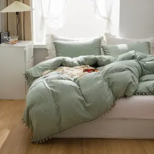 SOUKECHY Pom Pom Ruffled Bedding,Girls Queen Aesthetic Comforter Cover Set,Cute Princess Style Ruffled Duvet Cover with Pom Pom Tassels on 3 Sides and Pillowcase, Zipper Closure-Green,Queen