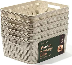 BINO | Woven Plastic Basket | Small (Natural), 5-Pack | THE JUTE COLLECTION | Home Organization, Space - Saving Storage, Stylish Design | Jute Basket | Plastic Storage Basket