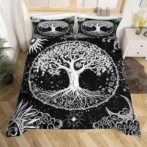 Castle Fairy Life Tree Bedding Set Queen Size,Abstract Sun Moon Stars Galaxy Space Duvet Cover Set for Children Bedroom Present, Psychedelic Mystic Microfiber Comforter Cover with 2 Pillowcases