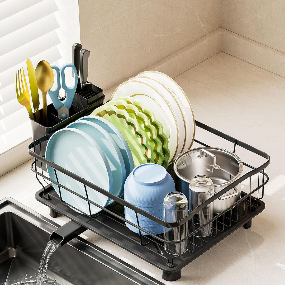 AIDERLY Auto Drain Metal Dish Drying Rack Dish Drainers, All Black