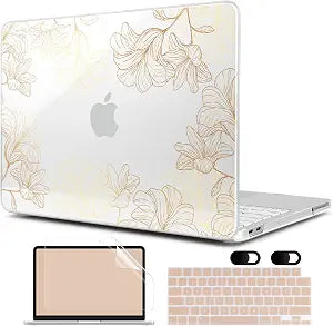 MEEgoodo 4-in-1 Printed Case for MacBook Neo 13 inch 2026 Release Model A3404, Laptop Hard Shell Cases with Keyboard Skin & Screen Protector & Webcam Covers, Drawn Golden Floral