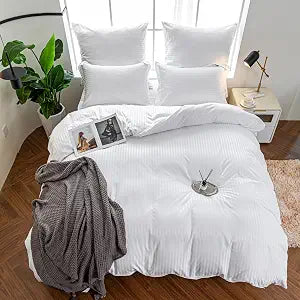 Hotel Duvet Cover King Size White Satin Pin Striped 3 Piece Set