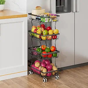 Stackable Fruit Vegetable Basket 4 Tier Kitchen Storage Rolling Cart