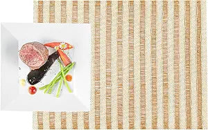 Restaurantware 16 x 12 Inch Dining Table Placemats, Set of 6 Rectangle Kitchen Table Mats - Light Brown Stripes, Easy to Clean, Light Brown Plastic Striped Placemats, Wipeable, Durable