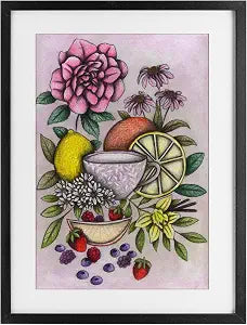 Rococo Tea with Fruits Floral, 14 x 20 Inch Framed Print Under Glass