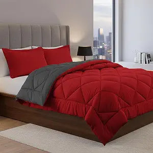 Elegance Linen Super Soft Goose Down 3pc Reversible Alternative Comforter, Queen, Red/Gray
