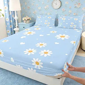 Daisy Fitted Sheet,Full Size Yellow White Blue Collections Daisy Flowers Theme,Soft Decorative Fabric Bedding Deep Pocket for Children Teens Young Boys Girls,with 2 Pillowcases No Flat Sheet