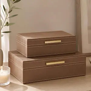 Decorative Storage Boxes with Lids - Set of 2 PU Leather Organizer Bins