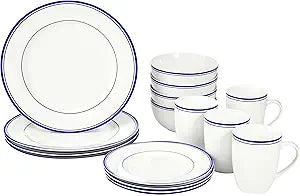 Amazon Basics 16-Piece Cafe Stripe Dinnerware Set, Microwave and Dishwasher Safe, Plates, Bowls, Mugs, Service for 4, Blue