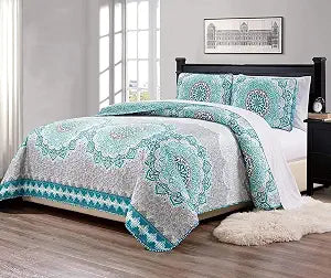 Fancy Collection 2 Pc Twin/Twin XL Over Size Quilted Bedspread Set Aqua Turquoise Coastal Plain/Gray Green White Elegant Design New