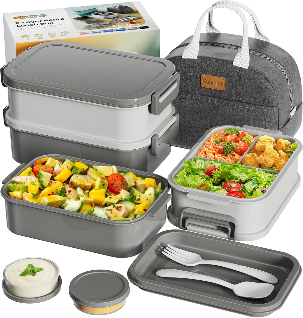 Canfanni Adults Bento Box with Thermo Bag, 74oz Capacity 3 Stackable, Gray
