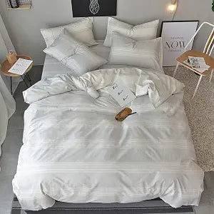 Duvet Cover Set Twin Size 100% Cotton White/Light Gray Printed Striped 3Piece Bedding with Zipper Closure Soft Breathable Durable