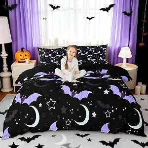 Halloween Bat Duvet Cover Set Twin Size Cute Moon Starry Night Sky Bedding Set 2Pcs Purple Black White Comforter Cover for Kids Girls Boys Room Decor Kawaii Cartoon Animal Quilt Cover,1 Pillowcase