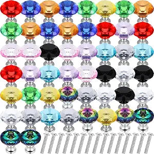 DoubleFill 50 Pcs Colorful Crystal Cabinet Knobs Glass Dresser Knobs 30mm Colored Diamond Shape Drawer Pulls Handle with Screws for Kitchen Wardrobe Bathroom Cupboard