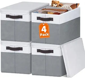 Large Closet Storage Baskets Bins with Lids 4 Pack, Storage Baskets for Organizing Shelves Nursery Bedroom, Home Dorm Closet Organizers Cubes for Clothes Toys Blanket Book - Stackable -14x10x9.5