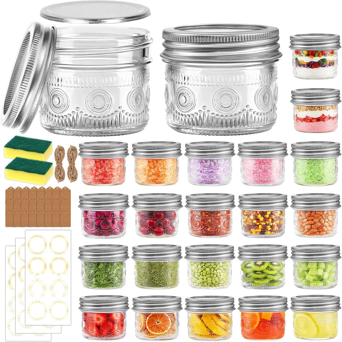 4 oz Small Mason Jars with Embossed Pattern 24 Pack with Airtight Lids