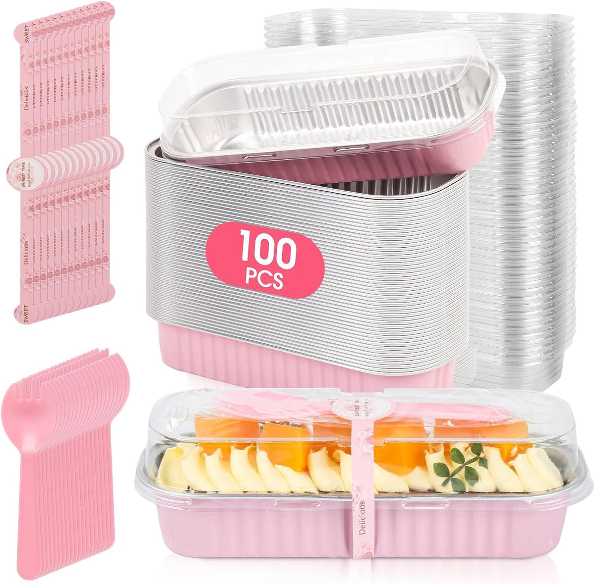 100 Pack Mini Cake Pans with Lids and Spoons, Disposable Aluminum Foil Cake Tinsï¼ˆ6.8ozï¼‰ Individual Small Cake Baking Containers for Party, Wedding, Birthday