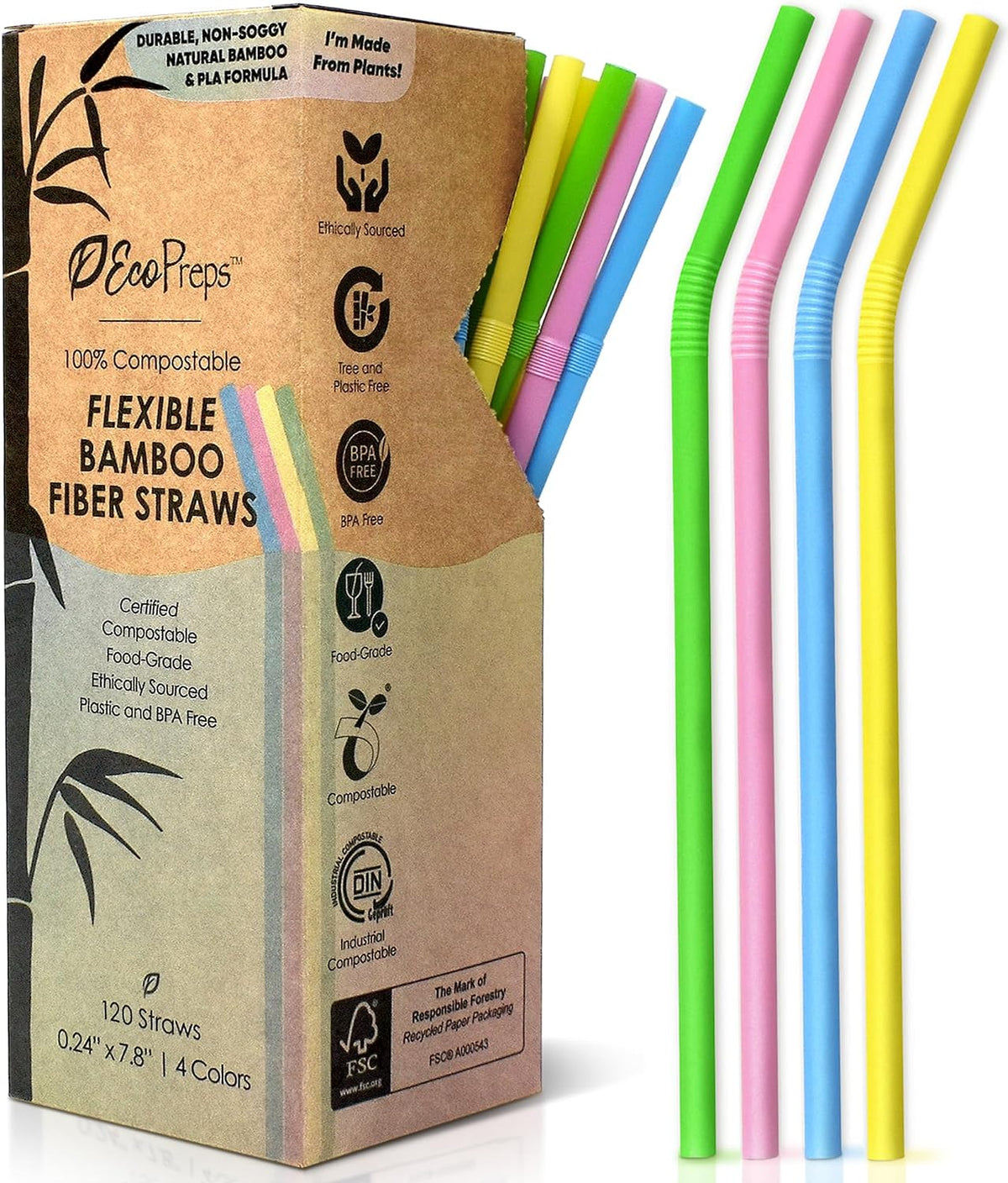 EcoPreps Colorful Biodegradable Flexible Drinking Straws, 120 Count, 7.8''