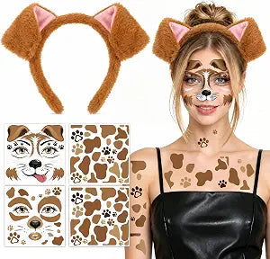 HOWAF Halloween Brown Dog Face Tattoos Sticker with Puppy Ear Headband, Dog Spots and Paw Prints Temporary Tattoo for Puppy Costume Dogs Cosplay Carnival Halloween Costume Women