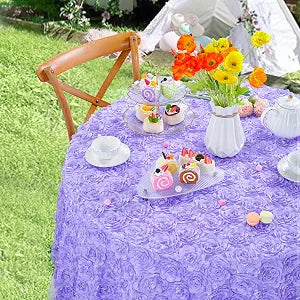 QueenDream Lavender Rosette Tablecloth Round Wedding 60 Inch Tablecloth for Baby Shower Birthday Tea Party Dining Dessert Table Docorations