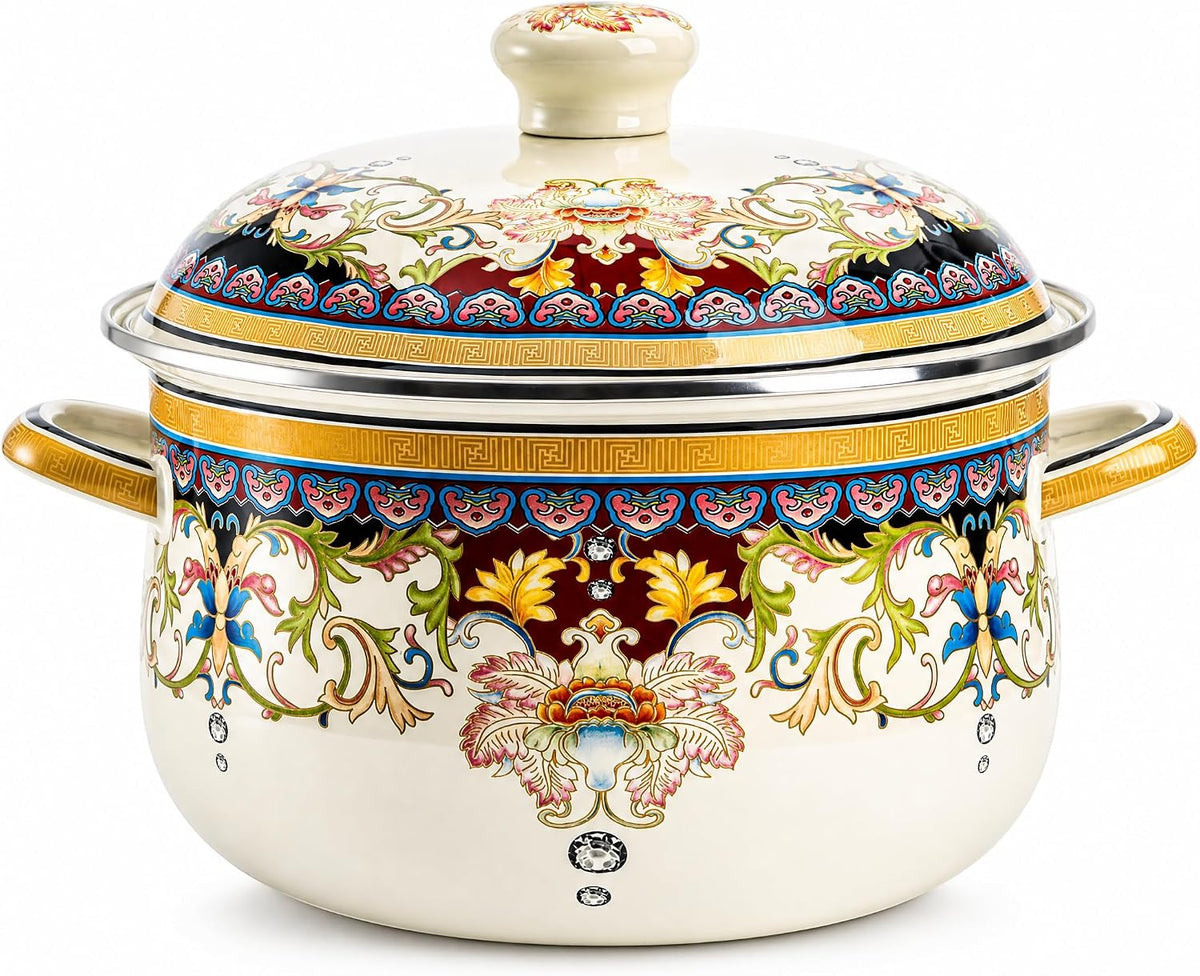 ZENFUN Kitchen Enamel Stockpot with Lid, 3.7 Quart Vintage Nonstick Steamer Pot, Thicken Large Soup Pot with Handles Retro Flower Cooking Stew Bean Pot, Safe for Induction Cookers