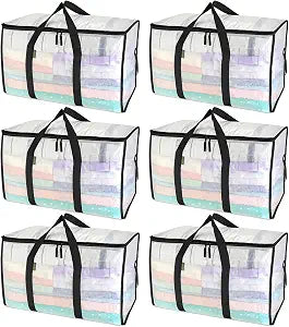 BALEINE 6-Pack Oversized Moving Bags with Reinforced Handles, Heavy-Duty Storage Tote for Clothes, Moving Supplies (Clear, 6-Pack)