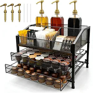 Coffee Bar Organizer with 3 Syrup Pumps, 3-Tier Coffee Station Organizer for Countertop, Rustic Wood & Metal Holder for K Cup, Storage for Coffee Pods, Syrup Bottles, Tea Bags, Cups & Stirrer