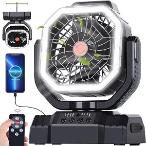 AVV 20000mAh High Speed Portable Camping Rechargeable Fan with Remote Control, Battery Powered with Auto Oscillating with Camping Essentials Accessories for Outdoor, Beach, Patio, Tent, Black