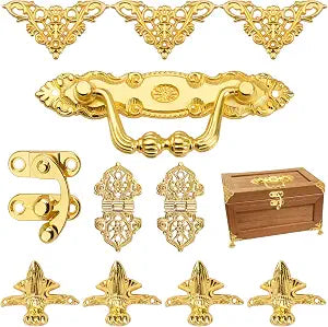 MOROBOR Gold Jewelry Box with Antique Lock, Latch, Hasp, Hinges, Handle - DIY Jewelry Chest Storage Box Feet Leg Corner Protector Set