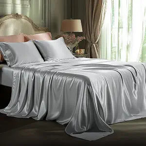 Bedsure Grey Satin Sheets Queen Size, Soft Silky Bedsheets for Hair & Skin