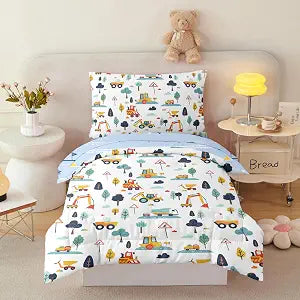 4-Piece Toddler Comforter Set for Boys,Construction Excavator Bedding Comforter Set Equipment Trucks Car Sheet Set,Ultra Soft and Fluffy,Cartoon Truck Cars Bedding