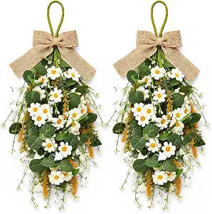 2 Pack 20 Inch Artificial Daisy Teardrop Wreaths for Front Door