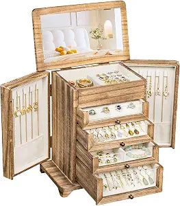 Jewelry Box for WomenWooden Jewelry Box with 4 Clear Drawers Rustic Brown