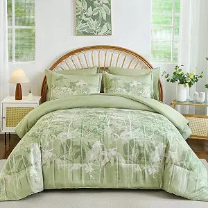 Drucon Sage Green Floral Comforter Set Queen Size, 7 Piece Dandelion Botanical Plant Comforter Bedding Set, Bed in a Bag Queen, Soft Microfiber Complete Bedding Set with Sheets for All Season