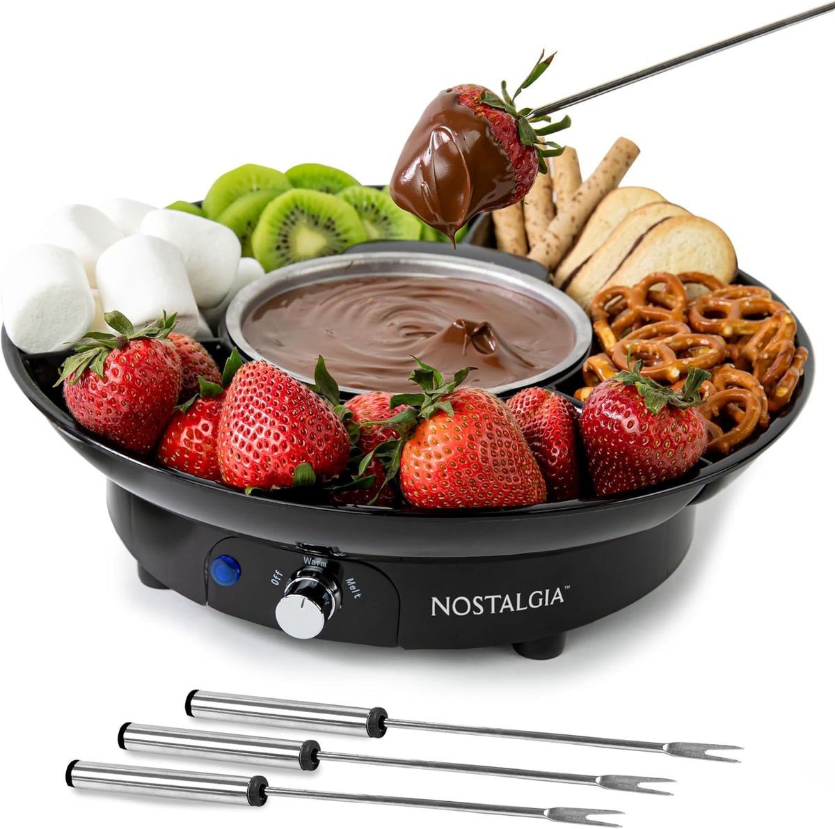 Nostalgia Electric Fondue Party Set - 10 oz Melting Pot, 4 Roasting Forks, & Detachable Serving Tray - Melted Cheese, Chocolate, or Dessert - Perfect for Gifts, Parties, Date Night - Black