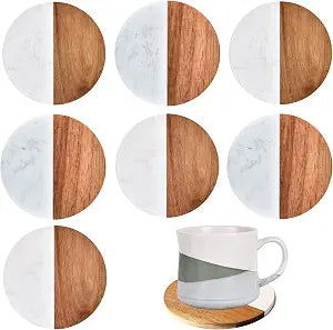 I-LAN 8-Pack Marble and Acacia Wood Coasters, 4-Inch Round Modern Drink Coaster Set for Coffee Table & Bar, Rustic Home Decor & Housewarming Gift, Furniture Protection for Coffee Mugs & Wine Glasses