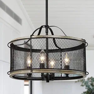 LOG BARN Farmhouse Chandelier, 4-Light Drum Pendant Lights Kitchen Island, 16.5'' Rustic Faux-Wood Metal Chandeliers Hanging Light Fixtures for Dining Room Bedrooms Entryway Foyer