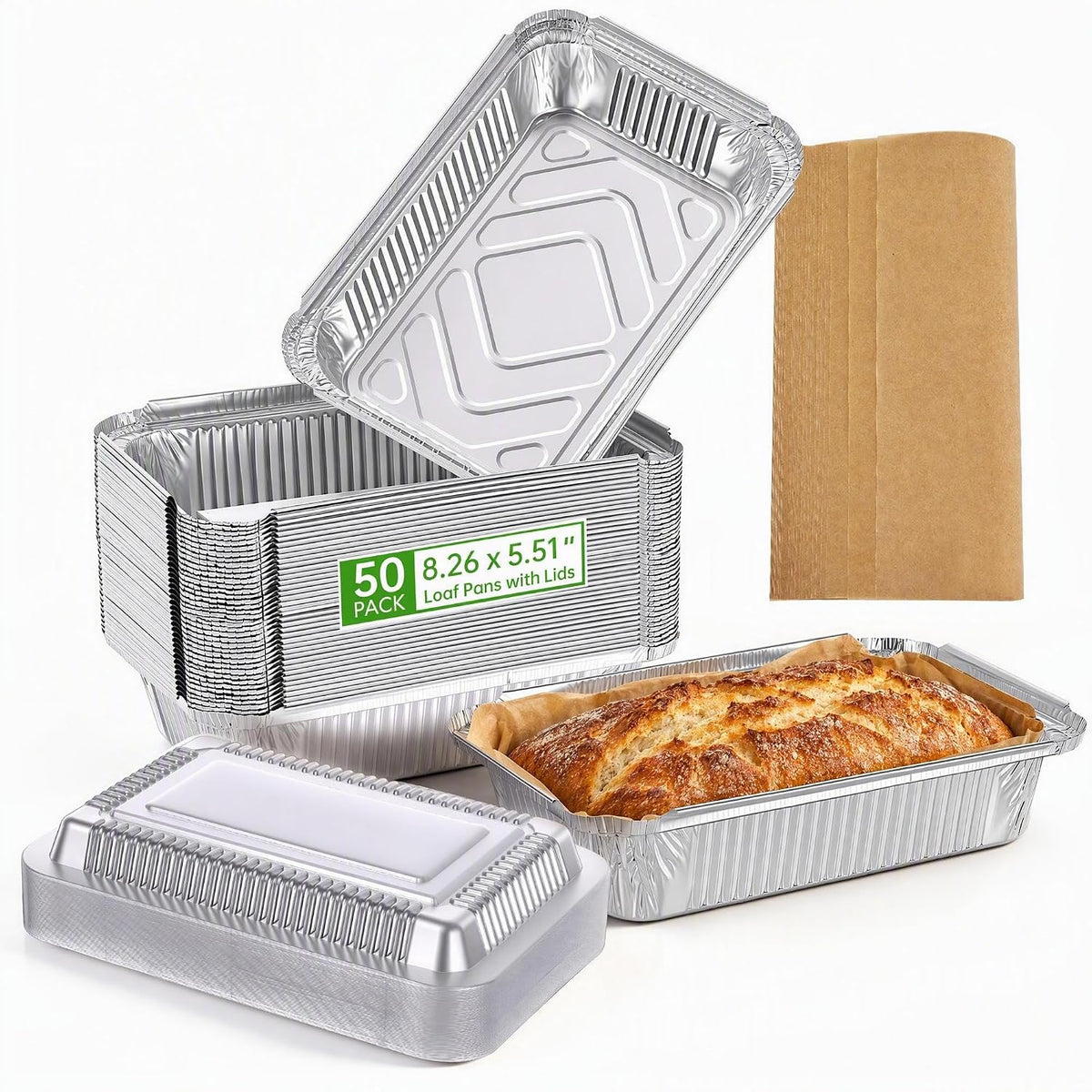 tchrules 50 Pack Disposable Loaf Pans with Lids,8.3" X 5.5" X 2.0"