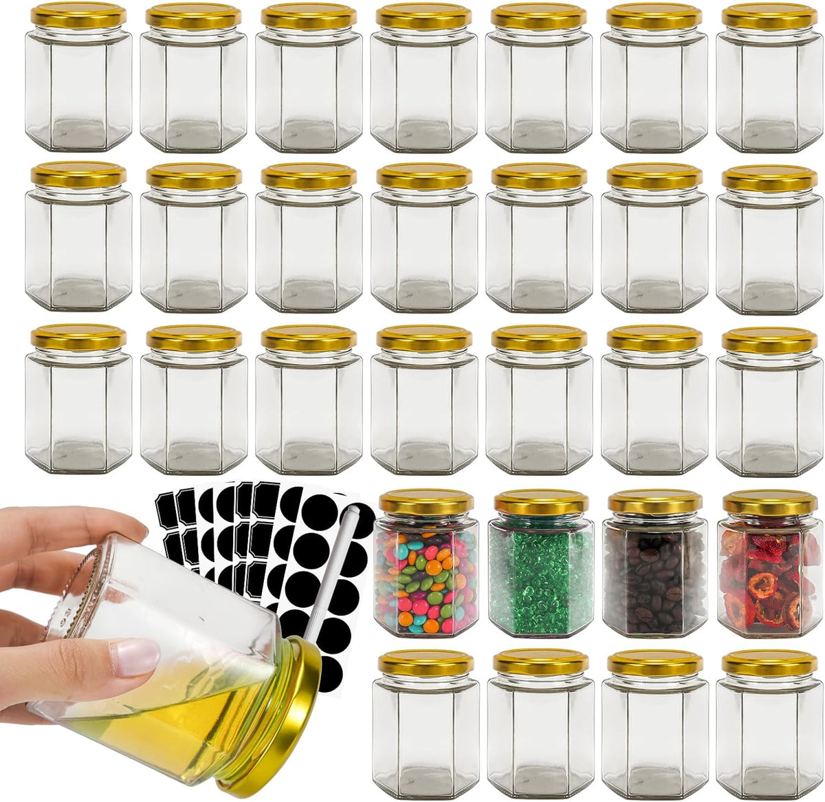 6 oz 30 Pack Hexagon Honey Jars, Glass Jars with Gold Lids